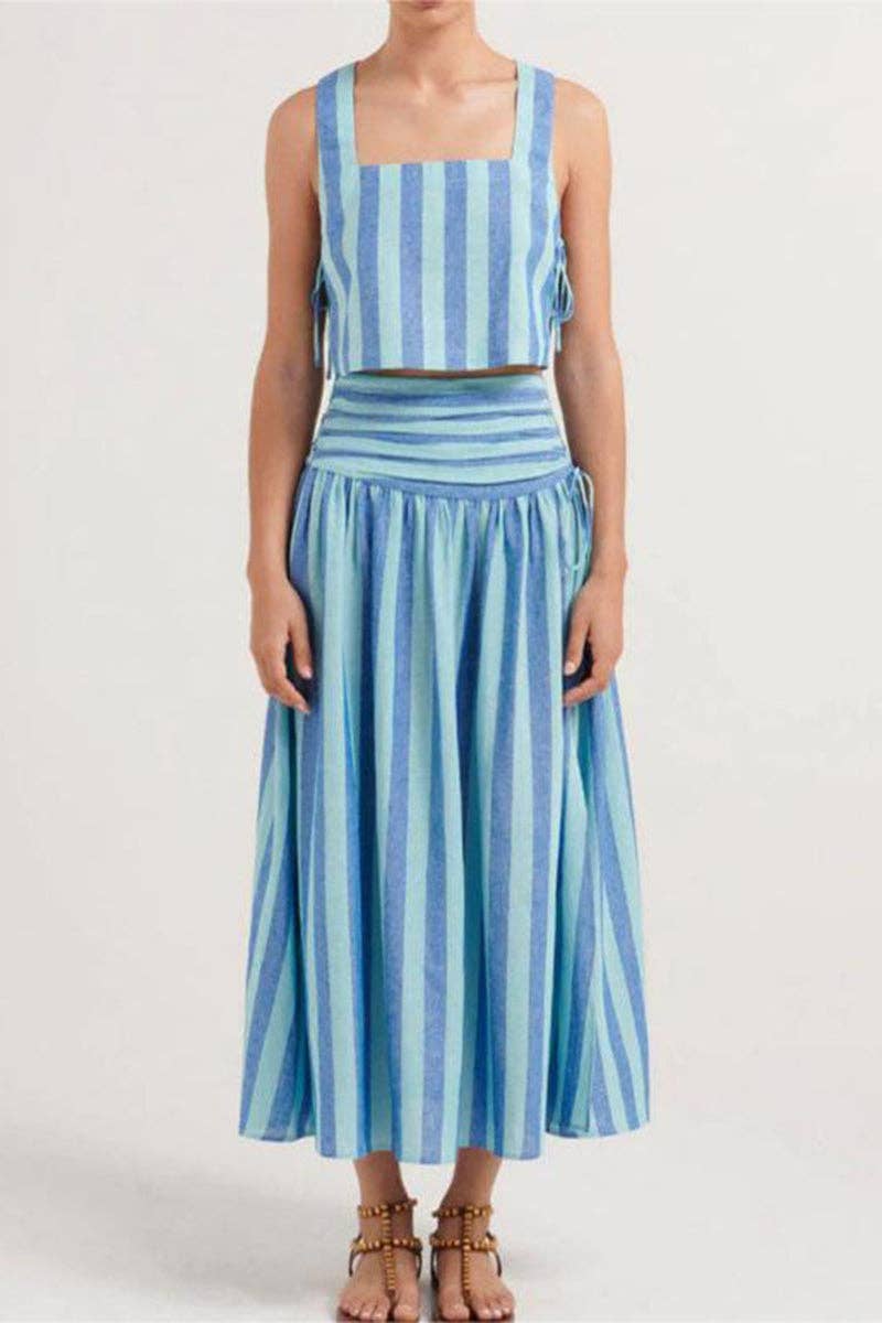 Mccolin - Vendita all'ingrosso Completo top e gonna - Donna - Completo a righe con gonna a due pezzi0