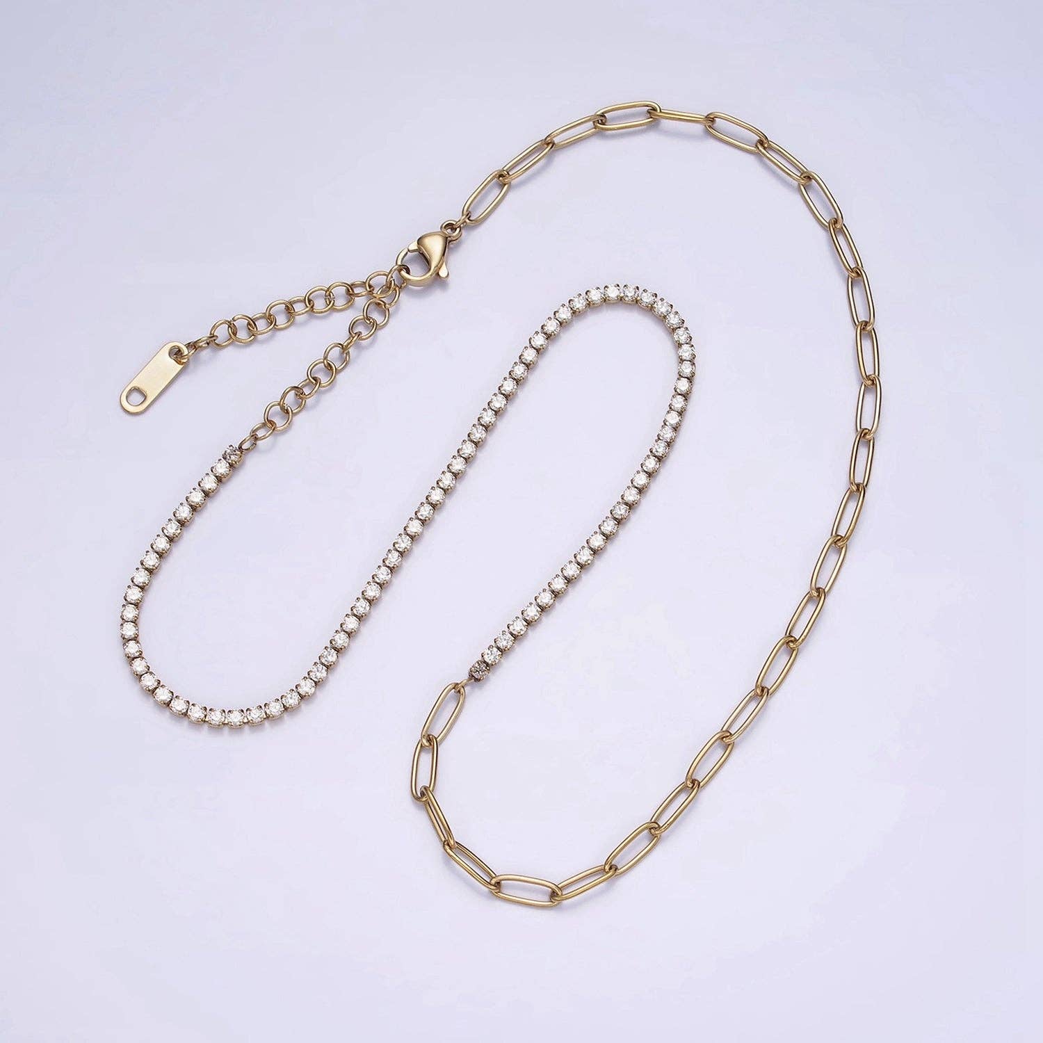 Aim Eternal - Wholesale Link & Chain Necklace - Stainless Steel 3mm Half Paperclip Clear Tennis Chain 15.5 Inch Choker Chain Necklace | WA-2046