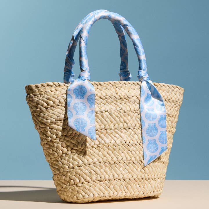 Blue Shell Raffia Bag with Scarf Handles – Woven Summer Beach & Everyday Handbag for wholesale by Lilla Haven