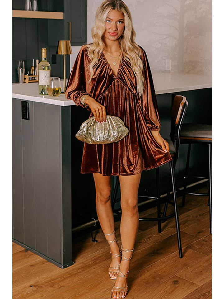 Clay Elastic V Neck Puff Sleeve Short Velvet Dress for wholesale on Faire4