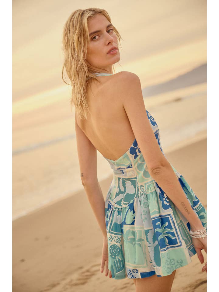 AQUA BLUE Tropical Floral-Print Halter Drop-Waist Mini Dress for wholesale on Faire