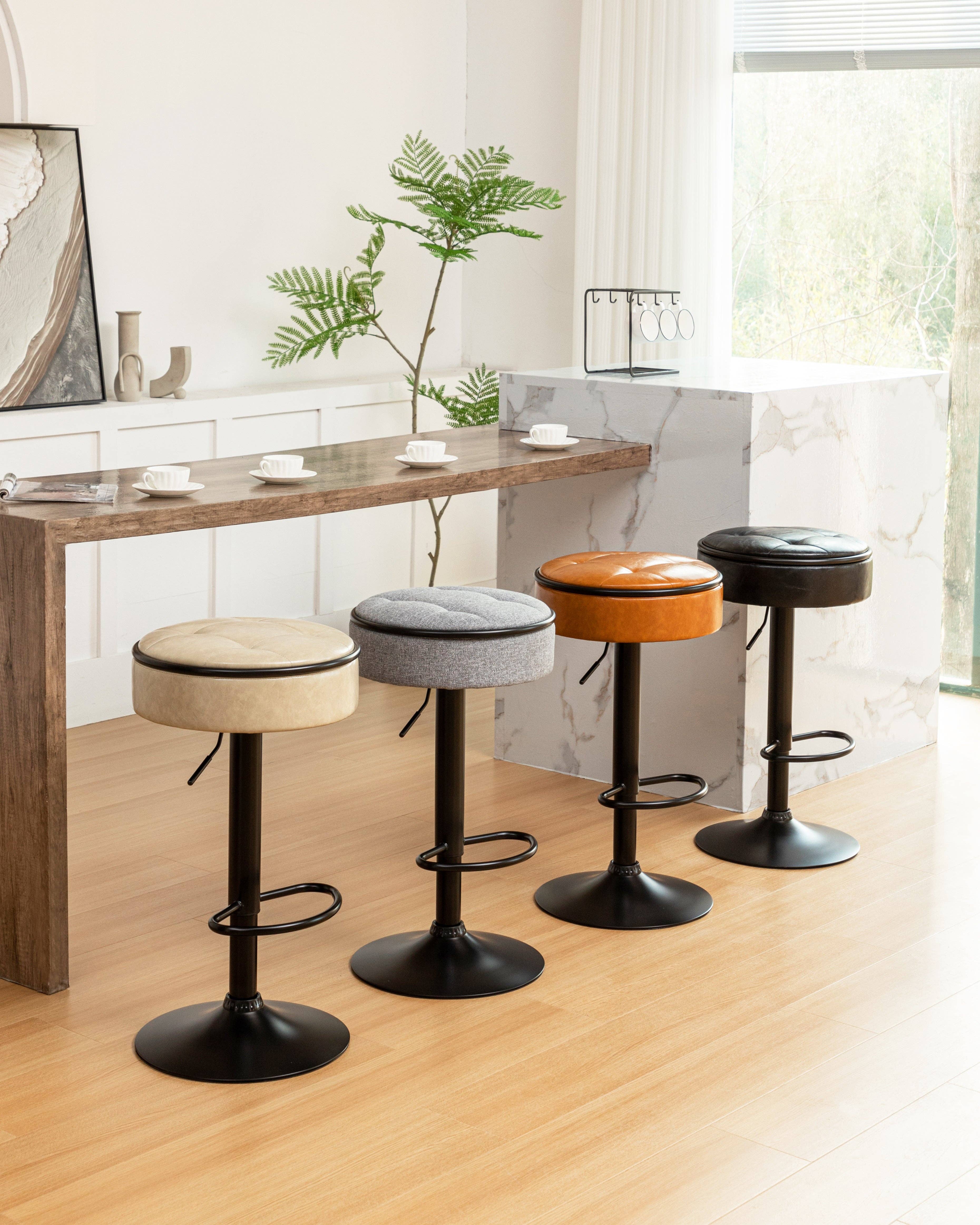 Orange County Decor - Wholesale Stool - Round Storage Bar Stool Set Of 2, Khaki Faux Leather Height Adjustable Barstool, 360 Counter Height Swivel Stool, Armless Bar Chair With Metal Frame For Kitchen Counter Dining Living Room Khaki Set7