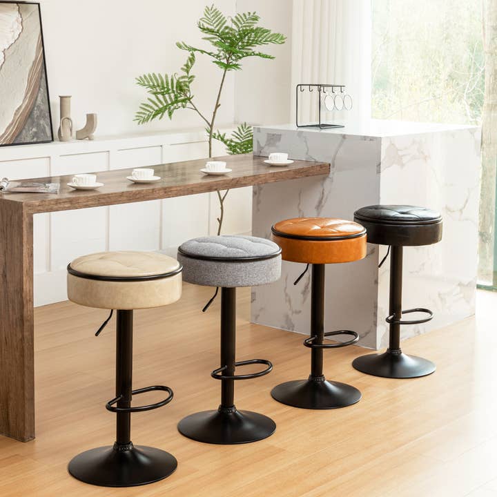 Orange County Decor - Wholesale Stool - Round Storage Bar Stool Set Of 2, Khaki Faux Leather Height Adjustable Barstool, 360 Counter Height Swivel Stool, Armless Bar Chair With Metal Frame For Kitchen Counter Dining Living Room Khaki Set7
