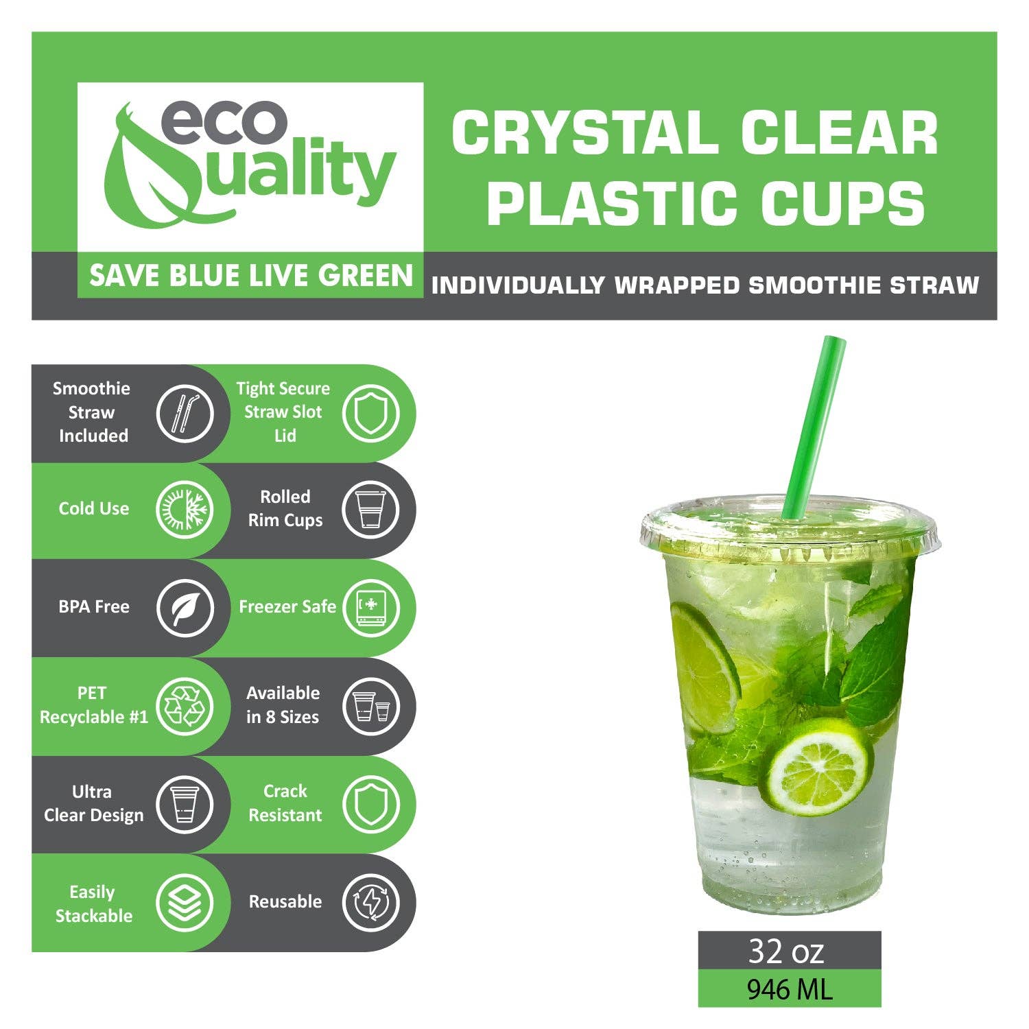 EcoQuality - Wholesale Disposable Cup - 32Oz Disposable PET Clear Plastic Smoothie Cups with Clear1