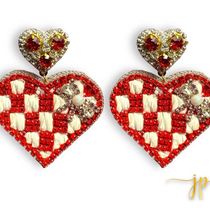 Red and White Checkered Heart Beaded Earrings for wholesale by Jenny Patrick Designs ™