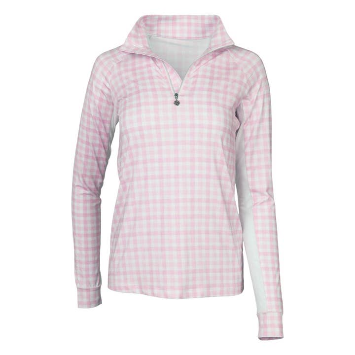 Dapplebay Gingham 1/4 Zip Riding Top - Long Sleeve-Pink/White for wholesale by Dapplebay