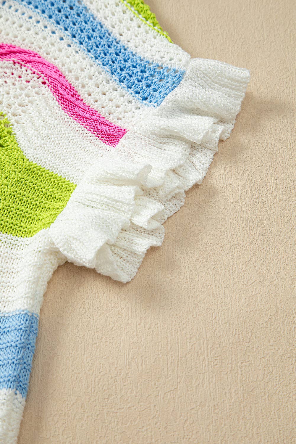 White Colorblock Crochet Knit Ruffled Short Sleeve Sweater Top for wholesale on Faire5