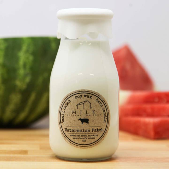 Milk Bottle Candle Watermelon Patch for wholesale by Milk Reclamation Barn