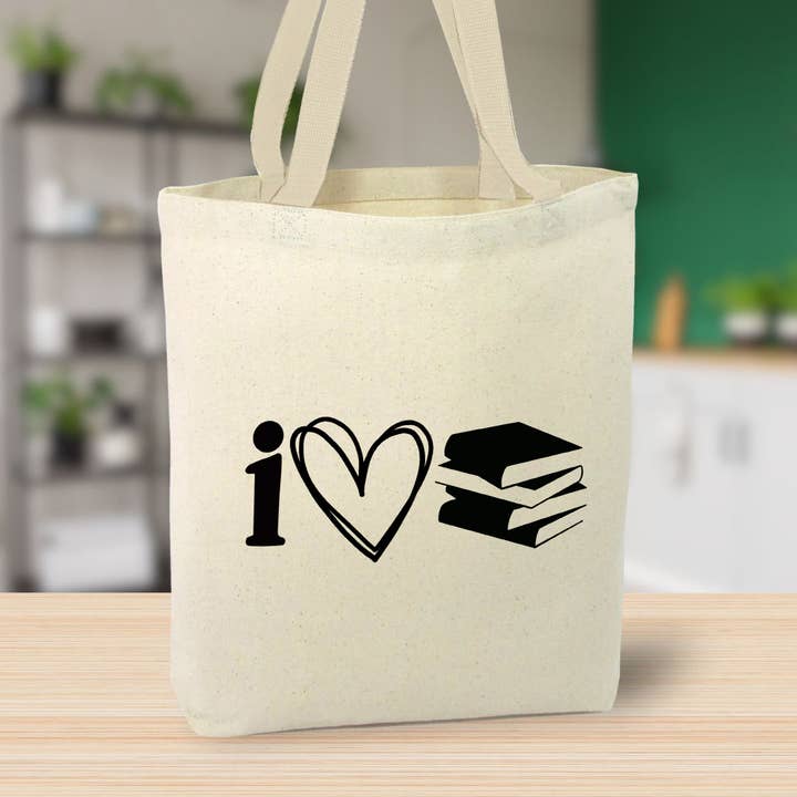 I Heart Books Canvas Tote Bag, Books, Custom for wholesale by Anna B. Shop