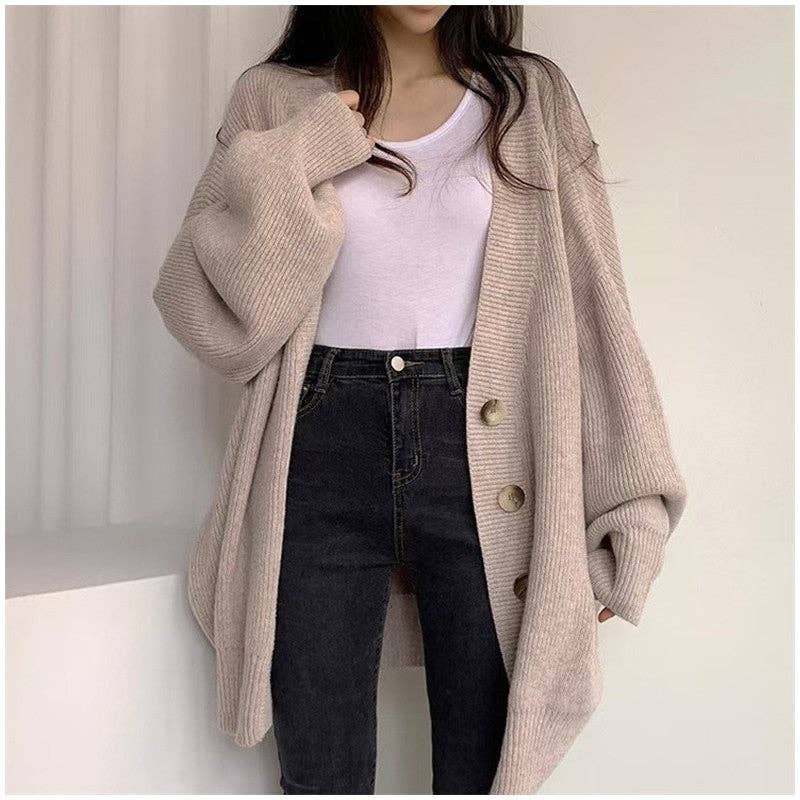 FurDecoration - Wholesale Cardigan - Women's - Relaxed Fit V-Neck Solid Color Chunky Knit Sweater2