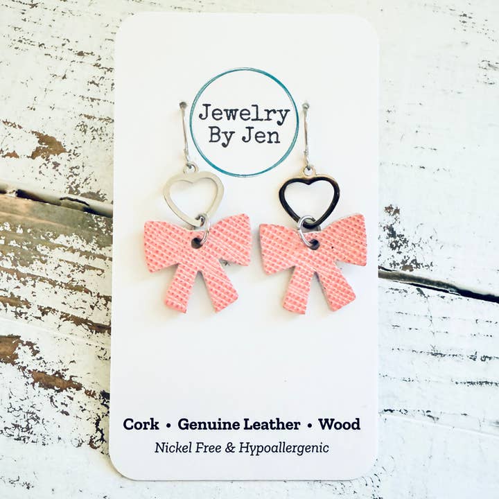 Bow w/Heart Charm Earrings: Pink Saffiano for wholesale by Jewelry By Jen