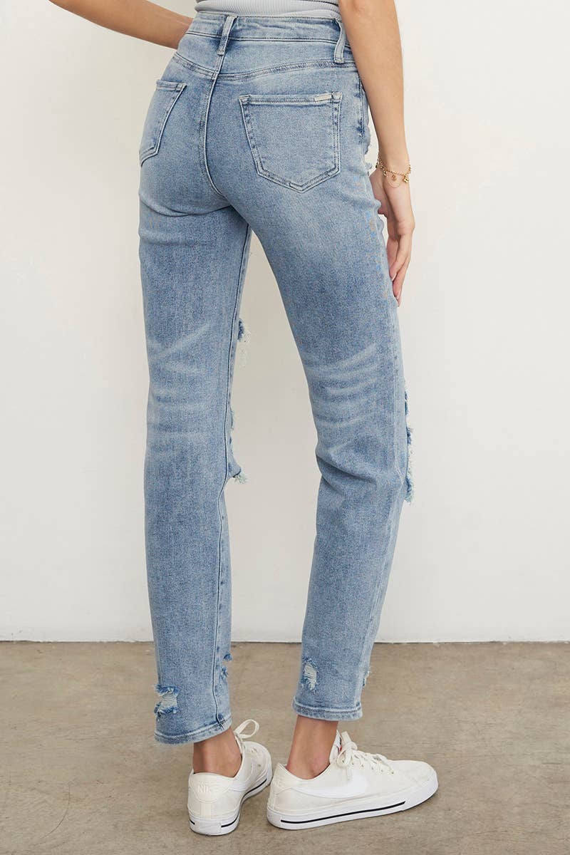 Insane Gene USA - Venta al por mayor Vaqueros - Mujer - Vaqueros Tobilleros Girlfriend de Tiro Medio Rasgados - Lavado Claro10