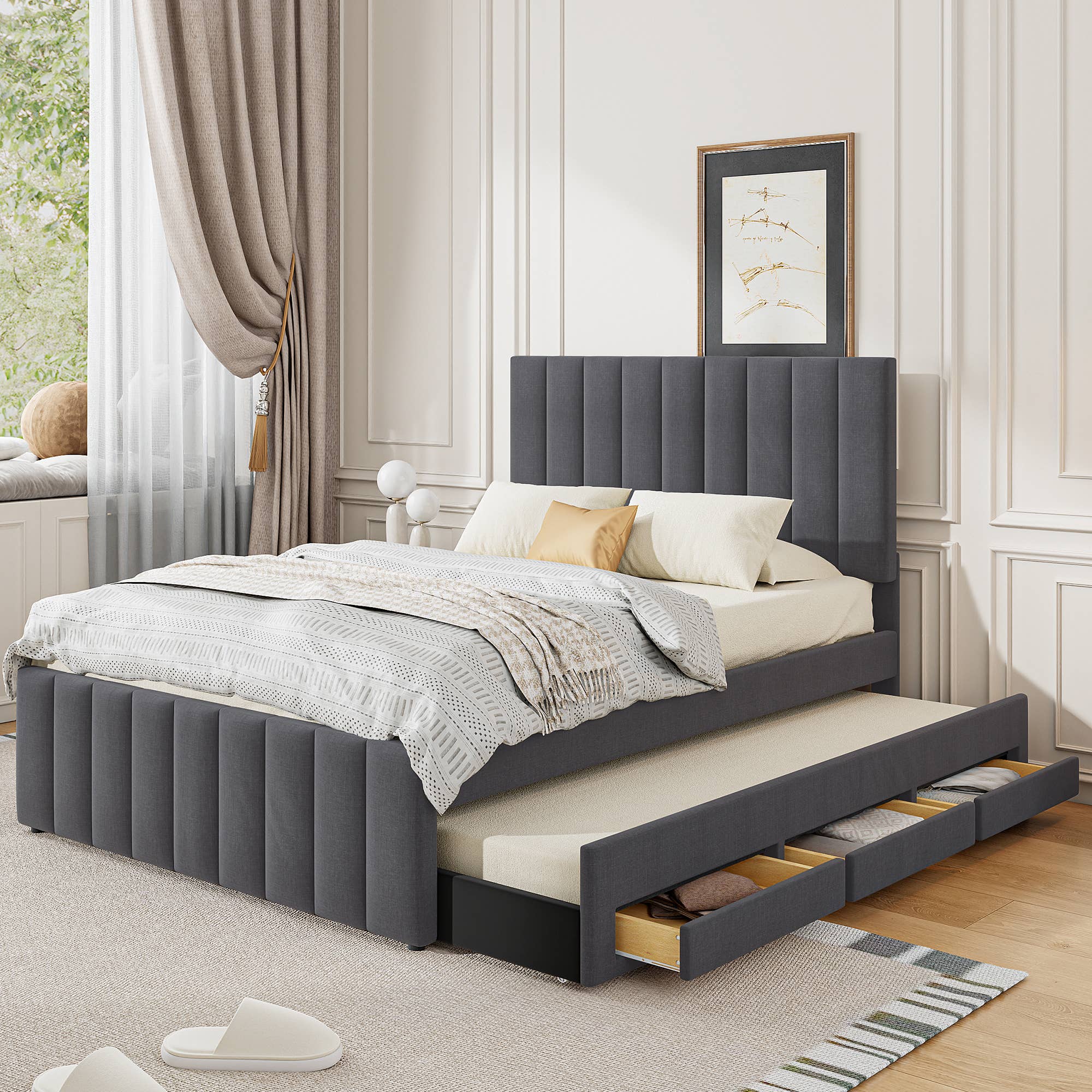 Gray Upholstered Platform Bed with Trundle & 3 Drawers, Linen for wholesale on Faire0