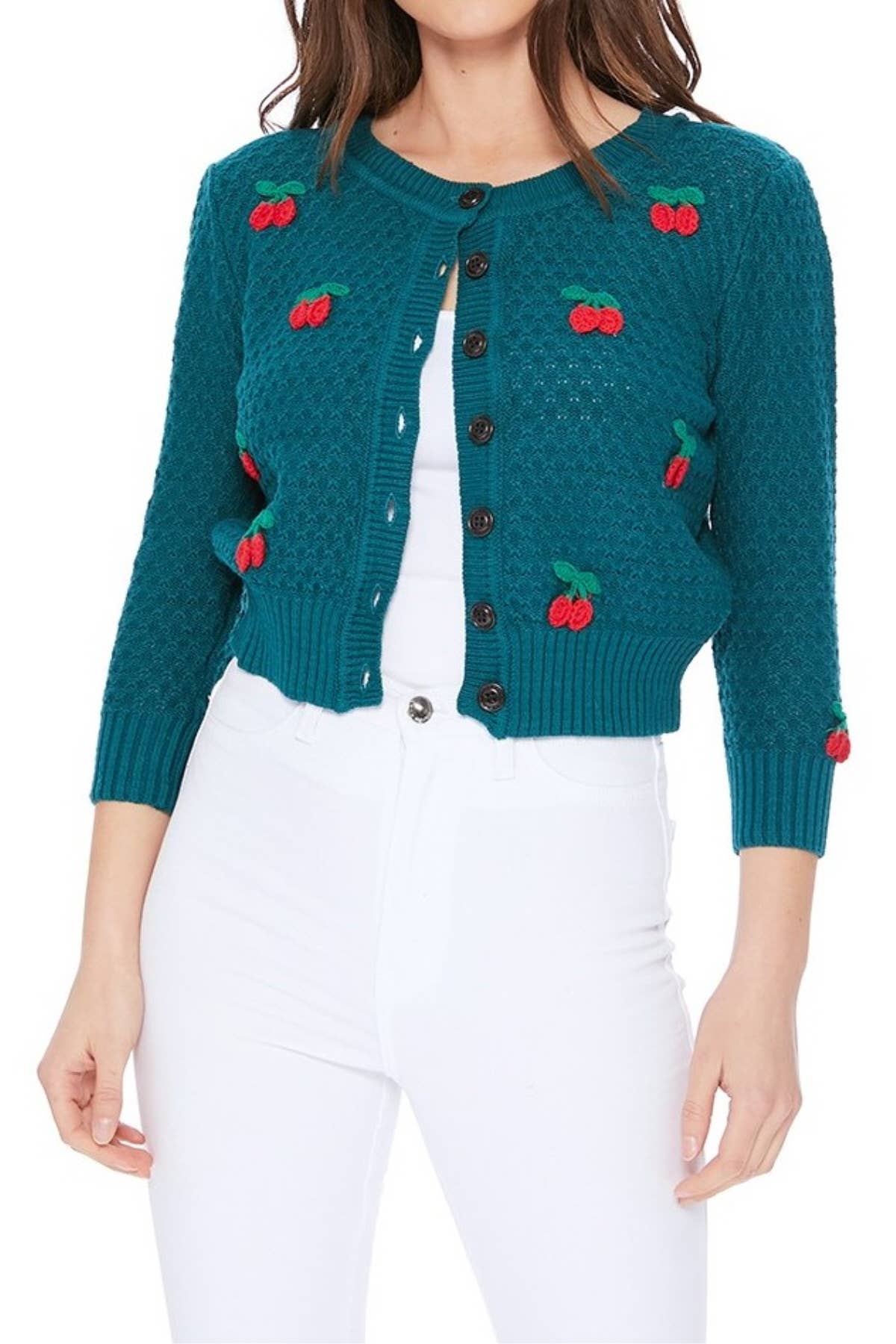 Mak - Wholesale Cardigan - Women's - Cherry Crochet Pom Pom Cropped Cardigan Sweater MK351524