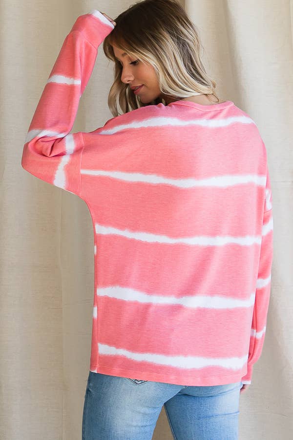 7th Ray – Engroshandel Strikket top - Dame – Stribet Tie Dye V-søm Drop Shoulder Langærmet Top T356527