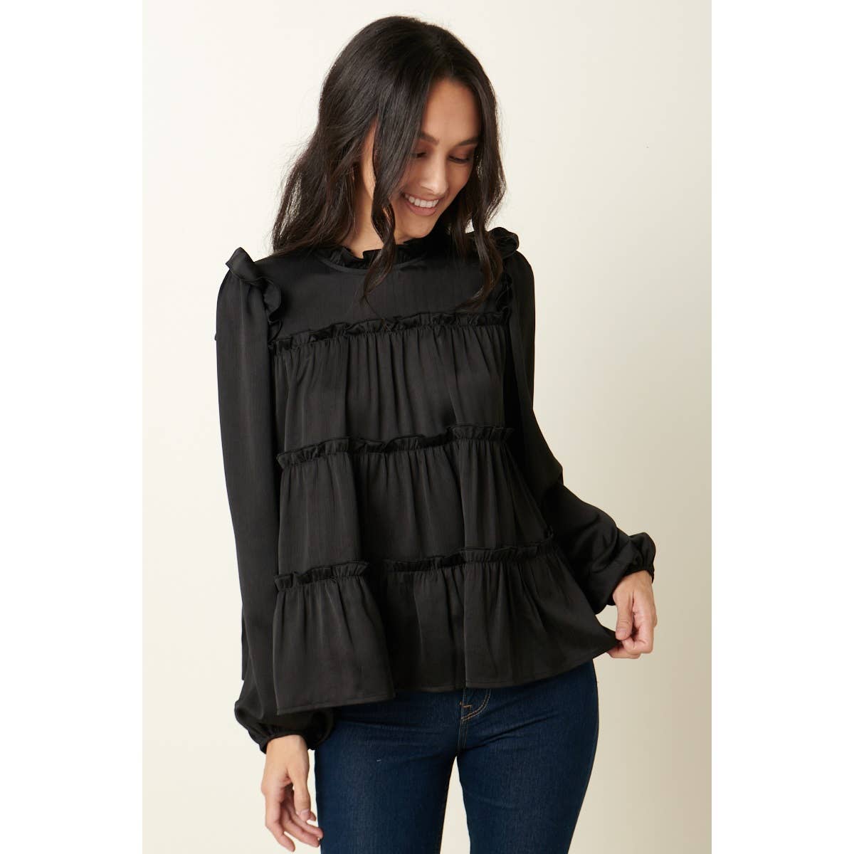 mittoshop - Wholesale Blouse - Women's - SATIN RUFFLE TIER DETAIL BLOUSE0