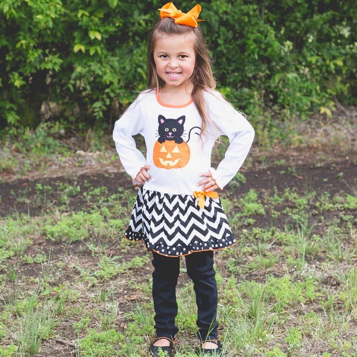 AnnLoren - Vendita all'ingrosso Completo top e leggings - Bambini - Abbigliamento di Halloween per bambine Set tunica zucca e gatto nero taglia 7/85