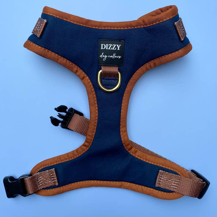DOG HARNESS | The Coco | Neck Adjustable Dog Harness | Navy & Brown Dog Harness for wholesale by Dizzy Dog Collars