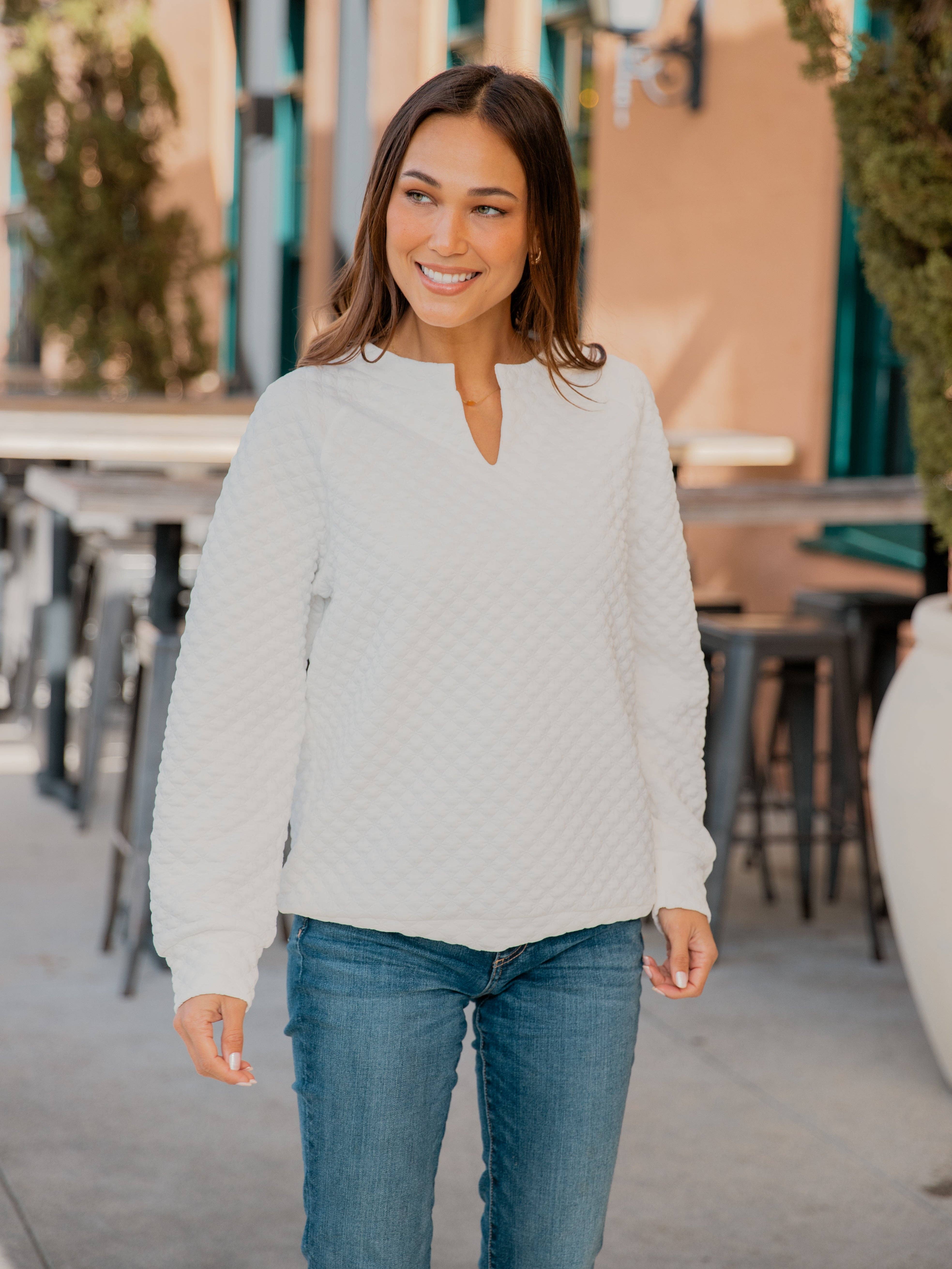 Tickled Teal - Wholesale Sweatshirt - Dames - Gewatteerde trui met gespleten halspatroon1