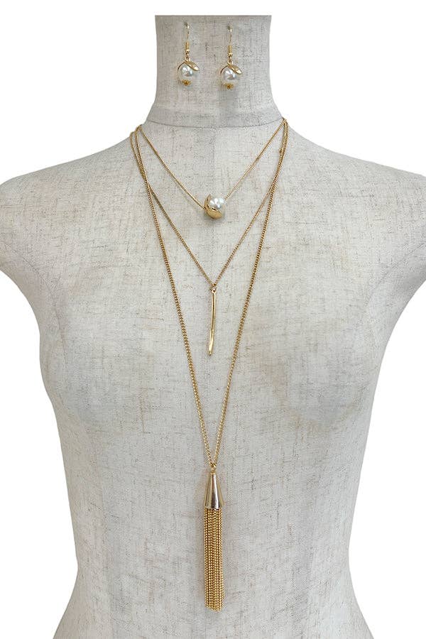 Gold Elongated Layered Pearl Pendant Necklace Set for wholesale on Faire0