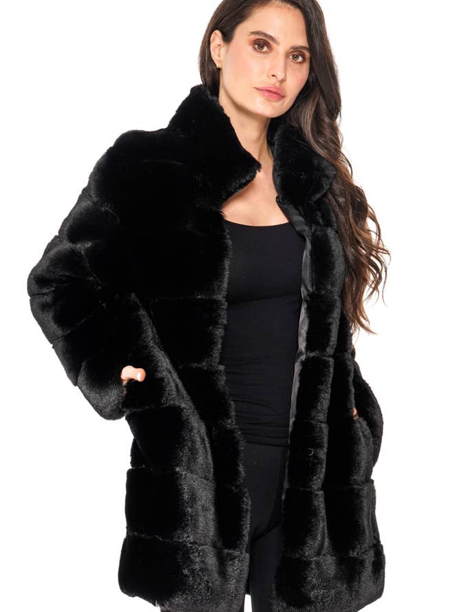 J666 - Plush Faux Fur Coat – Classic Black for wholesale by Adore