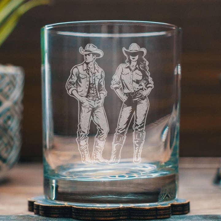 Cowboy & Cowgirl Drinking Glasses for wholesale by Benoit's Design Co.