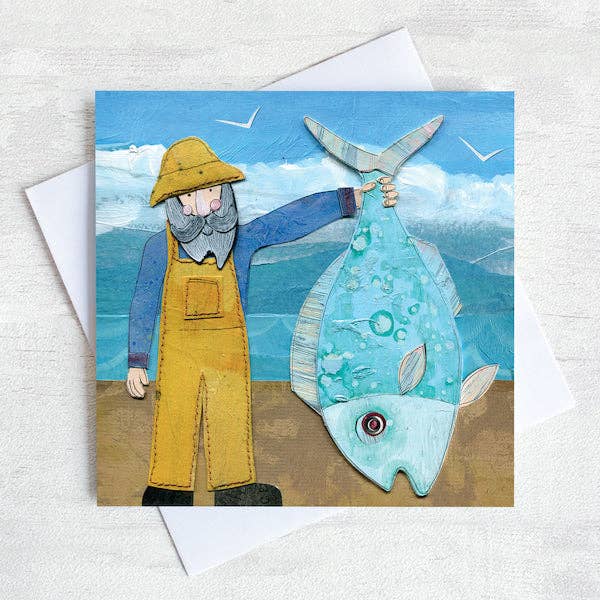 It's a Whopper! Fisherman Coastal Greetings Card for wholesale by Joanne Wishart