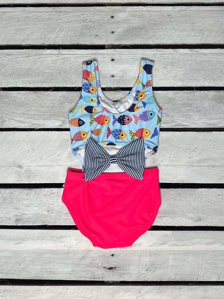 Colorful Fish Cutout Swimsuit With Bow for wholesale by Tidewater Tots