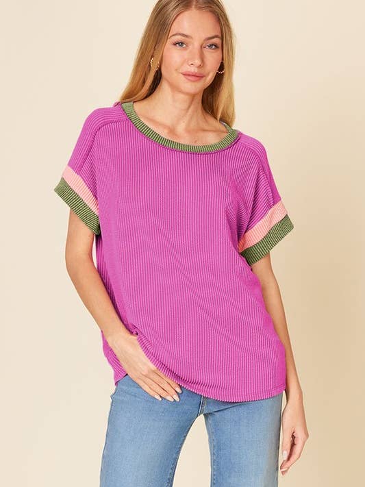 RIBBED COLOR BLOCK CONTRAST SHORT SLEEVE TOP for wholesale by Pink Irene Wholesale