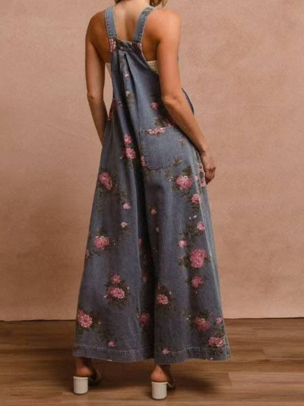 Blue Floral Print Denim Overalls Women Sleeveless Jumpsuit N5A107 for wholesale on Faire1