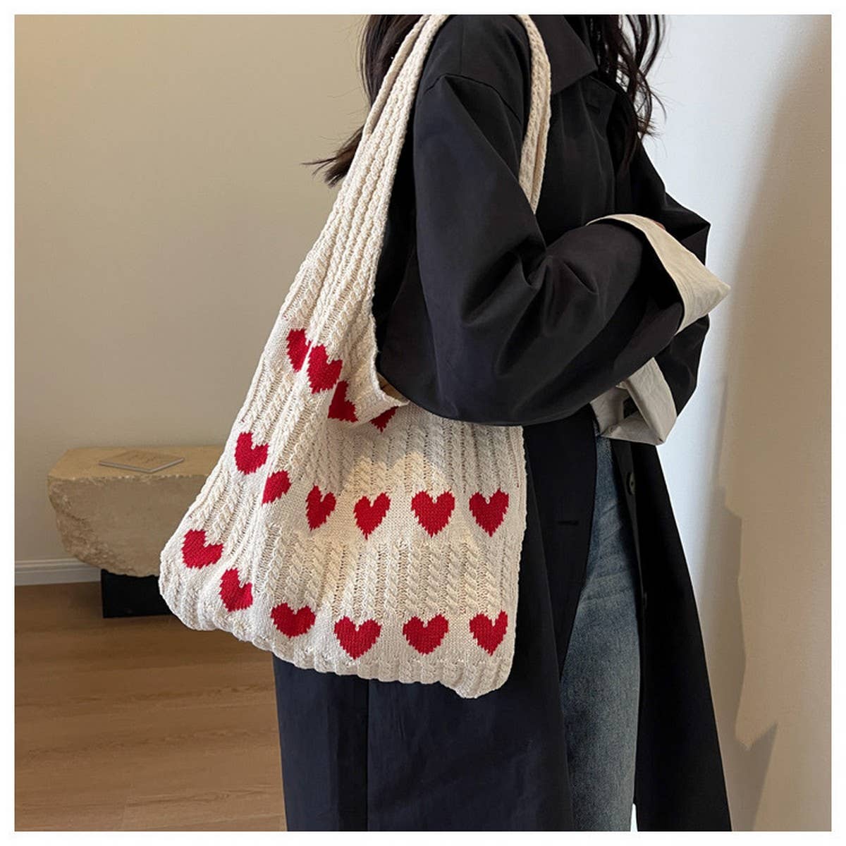 NINEXIS - Wholesale Tote Bag - Women's - CWAB4569_HEART PATTERN KNITTED LARGE CAPACITY TOTE BAG8