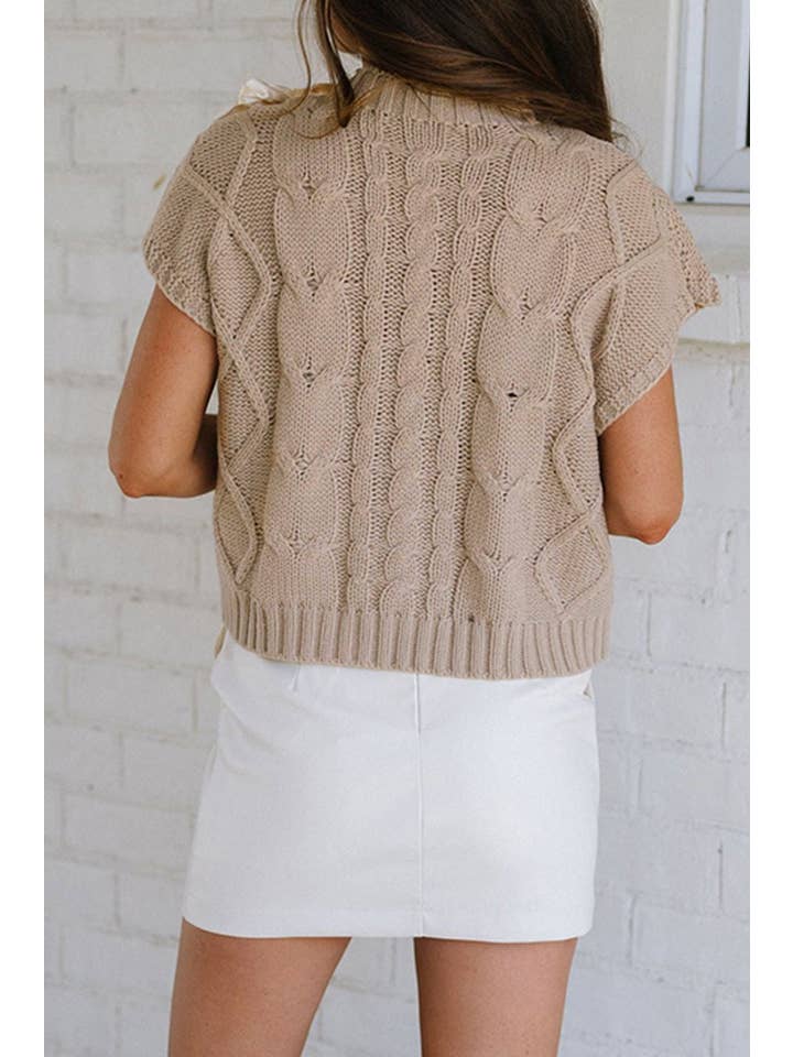 Simply Taupe Cable Knit Satin Bow Sweater for wholesale on Faire