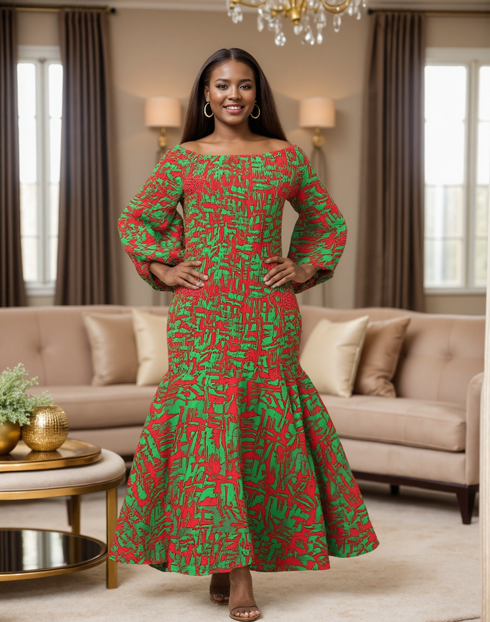 KaraChic - Wholesale Dress - Women's - Multi-Print African Off-Shoulder Sleeves African Dress 90081