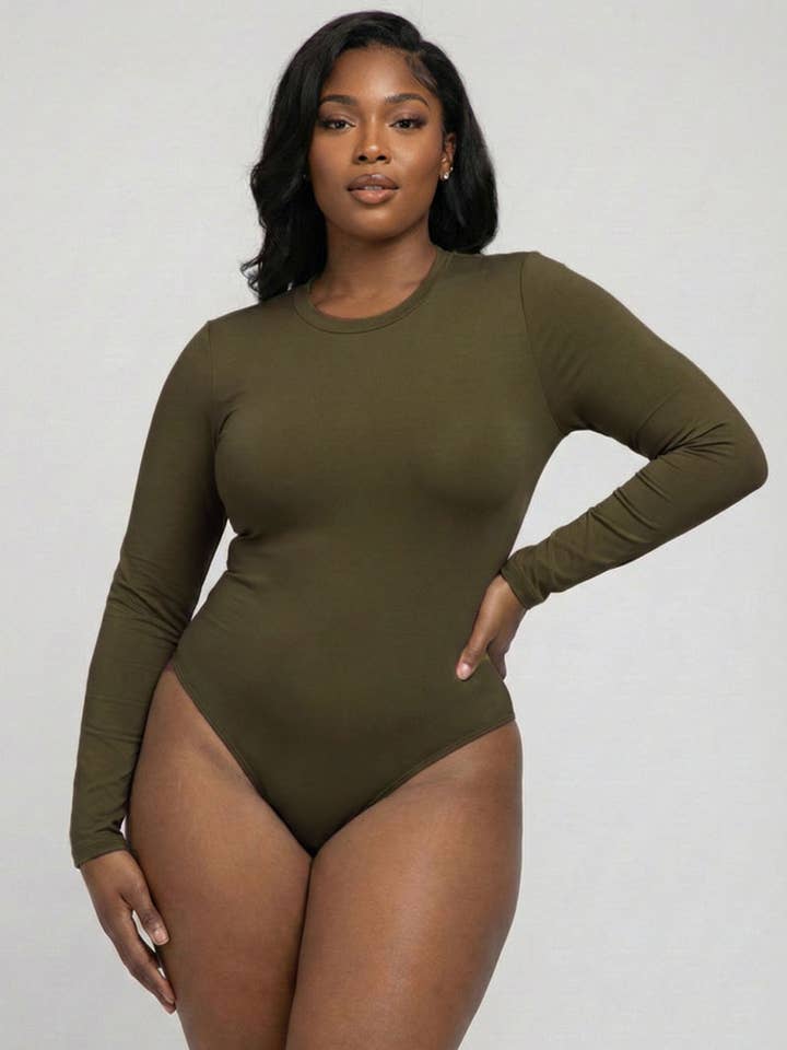 CAPELLA APPAREL - Wholesale Bodysuit - Women's - Plus Solid Long Sleeve Round Neck Bodysuit6