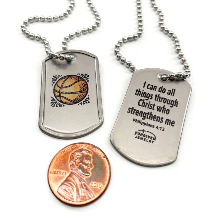 Forgiven Jewelry - Wholesale Pendant/Charm Necklace - Basketball Mini Dog Tag Philippians 4:13 Necklace 30 Inch Ball Chain1