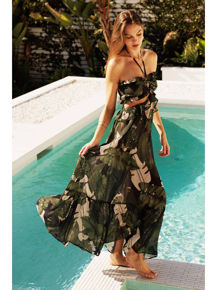 Black Leaf Tropical Palm Halter Maxi Dress for wholesale on Faire3