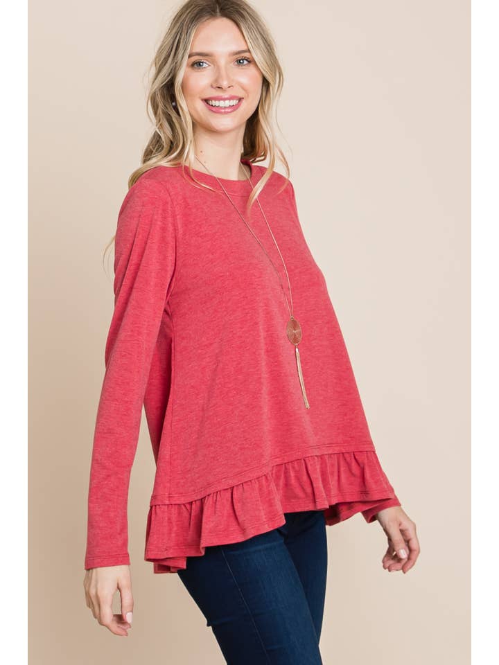 Emerald Collection - Wholesale Tunic - Women's - ETK-8623 Solid Long Sleeves Top with Ruffle Hem6