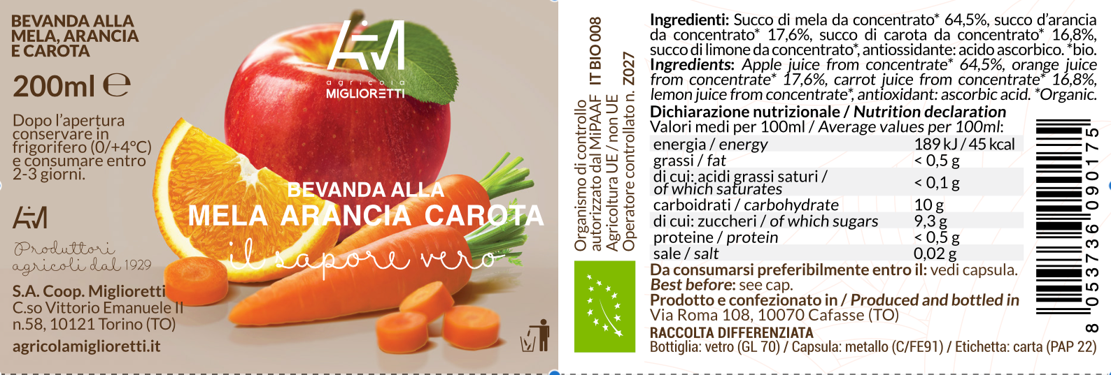 Azienda Agricola Miglioretti – Sumo de fruta por atacado – BEBIDA DE MAÇÃ, LARANJA, CENOURA. Bio, piquenique1