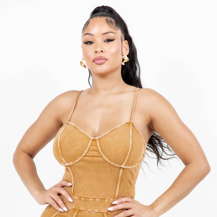 J7942 COTTON MINERAL WASH SPAGHETTI ROMPER WITH BINDING for wholesale by Uptown Apparel