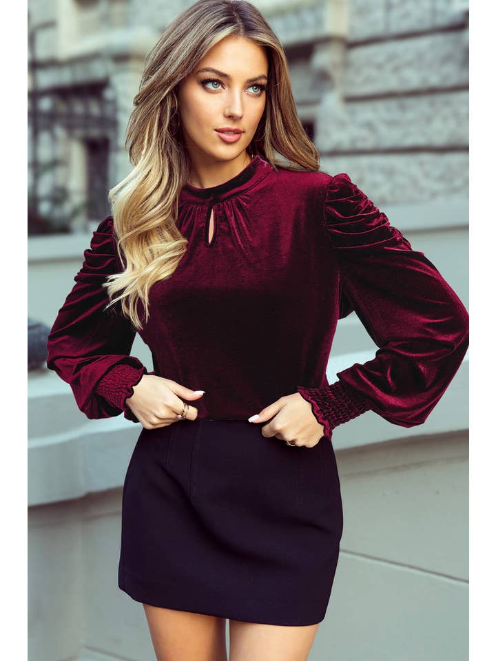 1 the Woman - Wholesale Blouse - Women's - Mock Neck Puff Sleeve Velvet Blouse