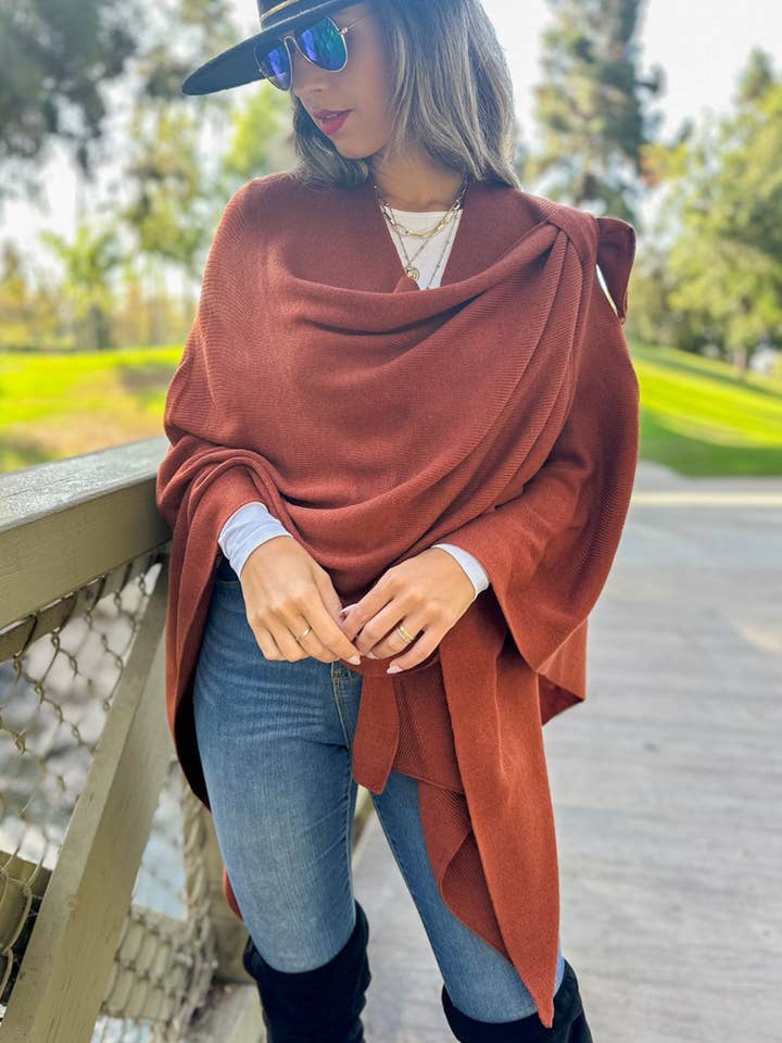 Rust Solid Knit Ruana Shawl with Shoulder Strap for wholesale on Faire