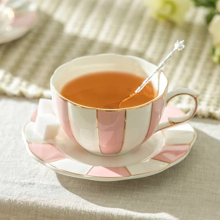 Pink and White Scallop 7oz Fine Porcelain Tea Cup and Saucer for wholesale by Grace Teaware