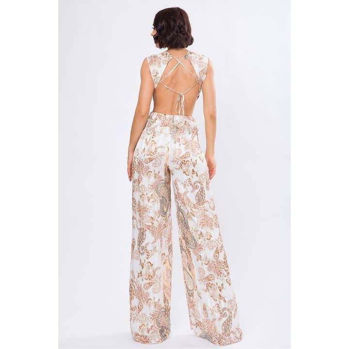 DORCAS - Wholesale Jumpsuit - Women's - YORYU PRINT DEEP V-NECK RUFFLE JUMPSUIT