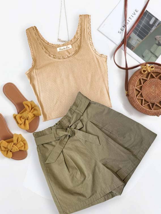 Vine & Love - Wholesale Shorts - Women's - High-Rise Waist Tie 100% Cotton Shorts VP811789