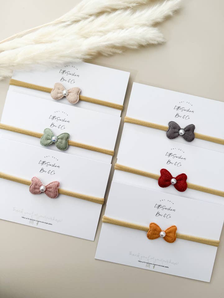 Corduroy Pearl Bow Nylon Headband for wholesale by Little Sunshines Bow & Co