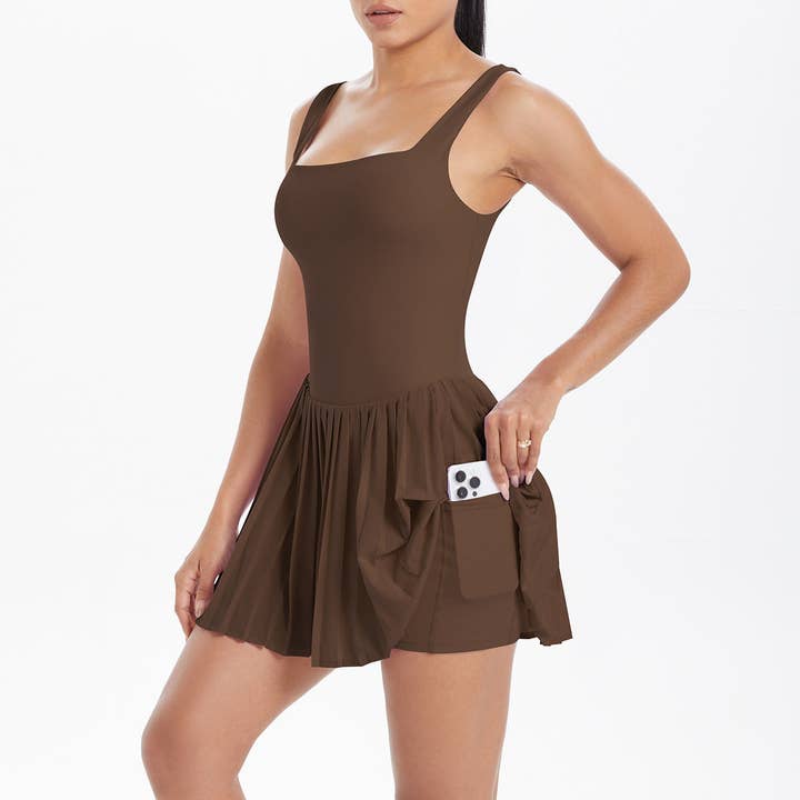 Svelte Seduction - Vendita all'ingrosso Vestito sportivo - Donna - Abito da Tennis a Due Pezzi Finti con Sensazione Nuda Anti Malfunzionamento del Guardaroba Base Fitness con Tasche Abito Pieghettato Modellante per la Schiena Sportivo Donna