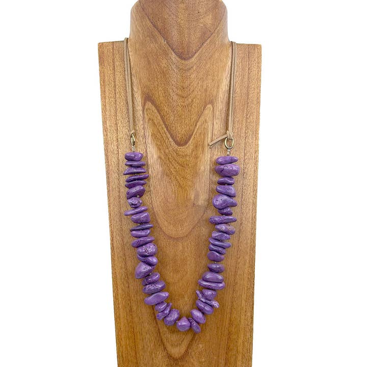 NKY250525-14 34'' brunt läderhalsband med lila stennuggets för wholesale av Western Elite Jewelry