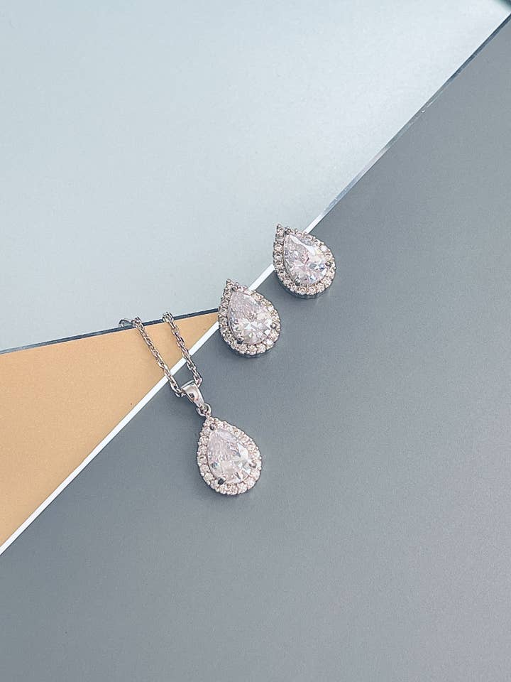 LUCILLE - Classic Teardrop CZ Pendant With Matching Teardrop Stud Earrings In Silver for wholesale by JohnnyB Jewelry