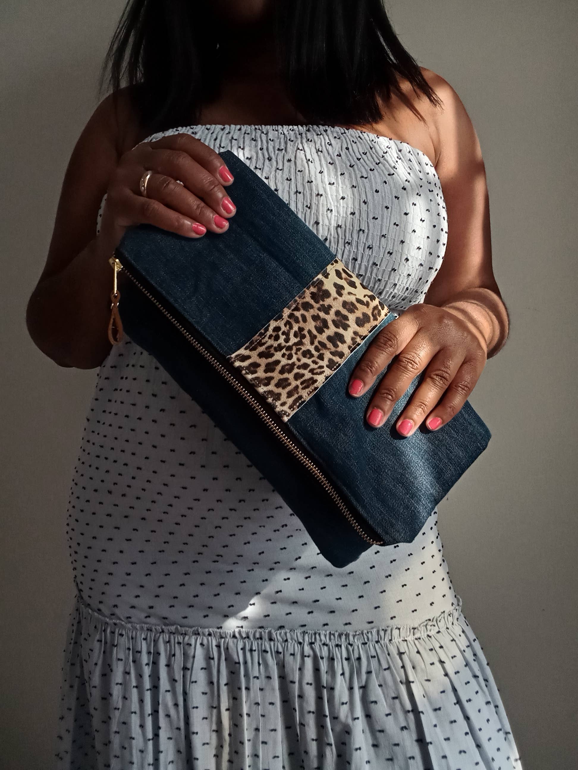 NKHenry - Wholesale Clutch Bag - Women's - Denim with Leopard Leather Clutch