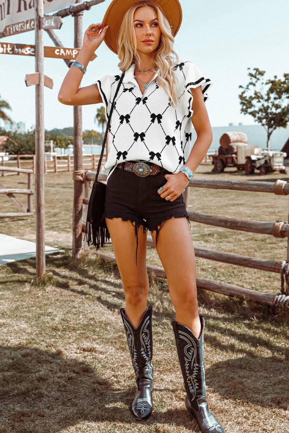 fashionworks - Vente Pull en maille – femme - Chandail à col zippé à imprimé nœud Fashion-W Preppy Vibes12